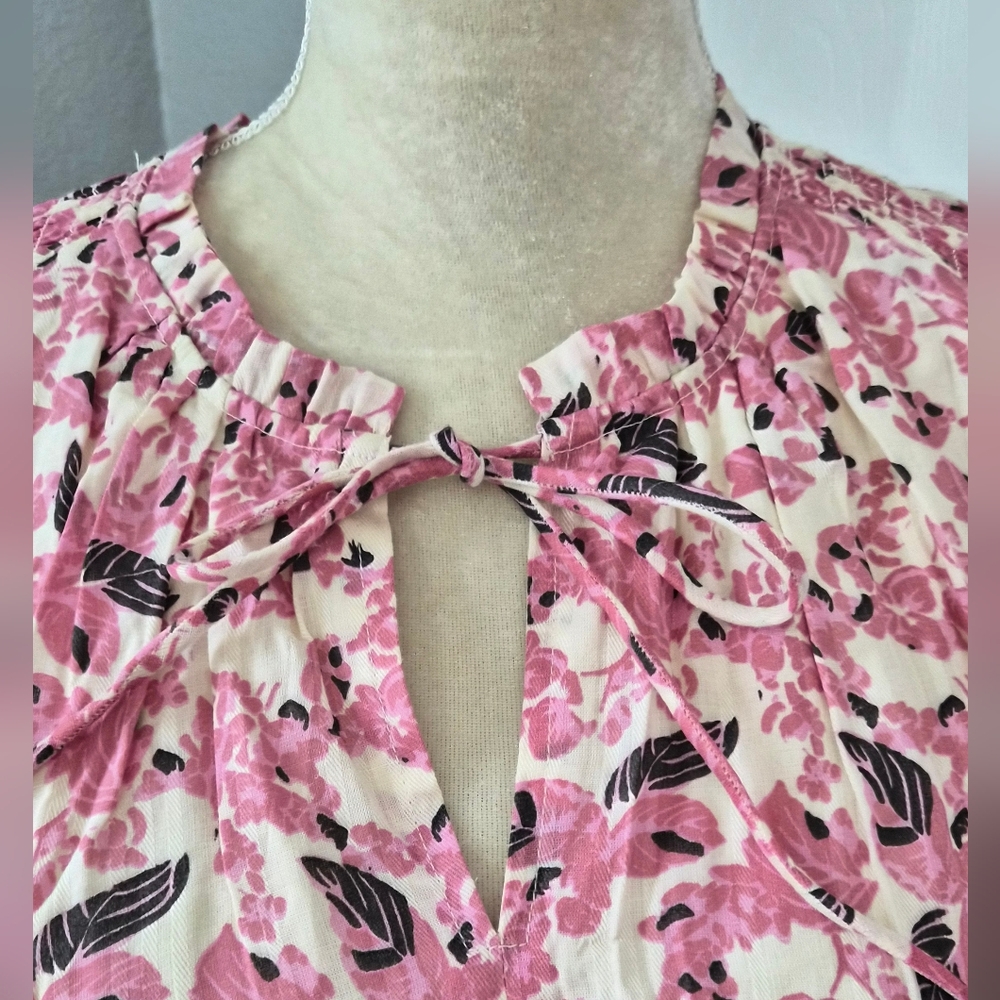 Evereve Roan + Ryan Pink Floral Smocked Mini Dress Long Sleeve Tie Neck Size S - Picture 4 of 9